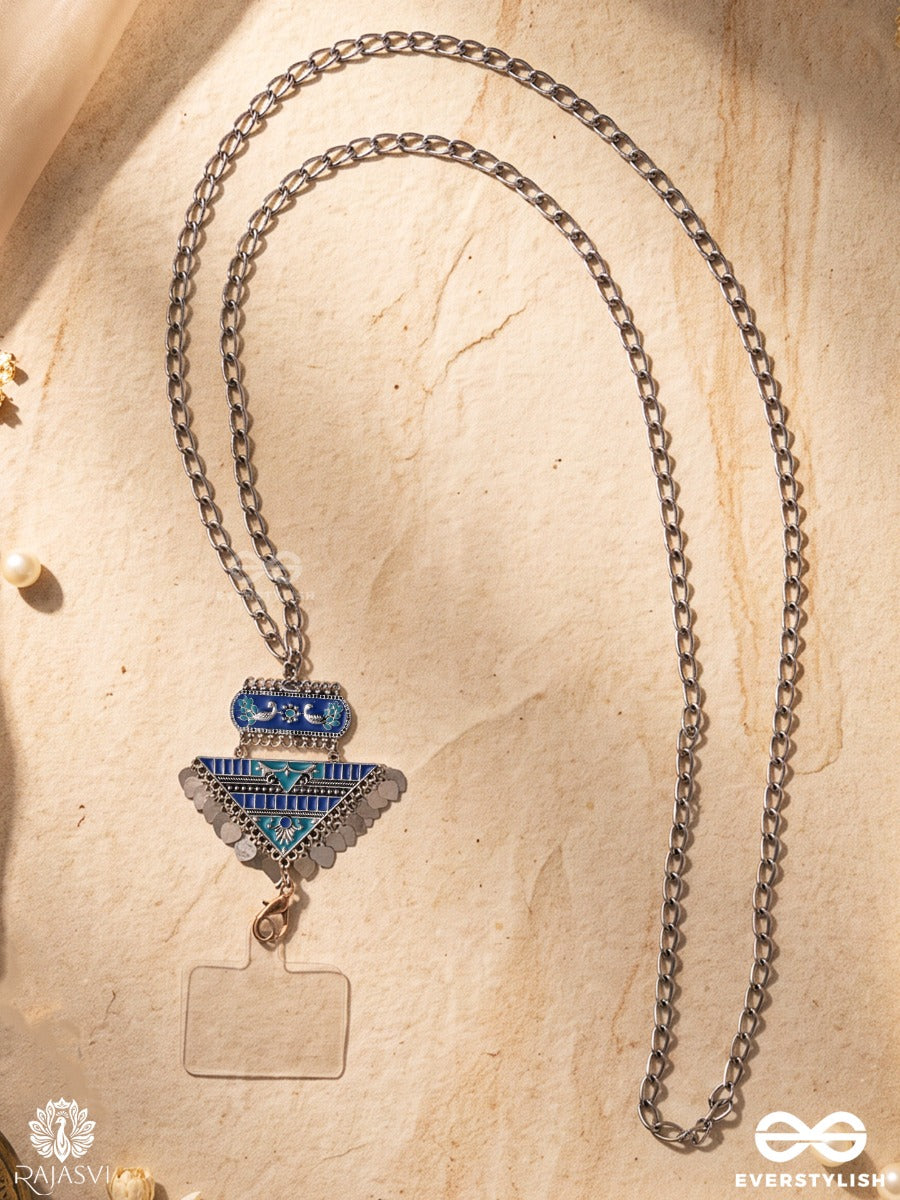 Jhankriti – Oxidised Phone Charm With Blue Enamelled Heritage Motif And Silver-Tone Details