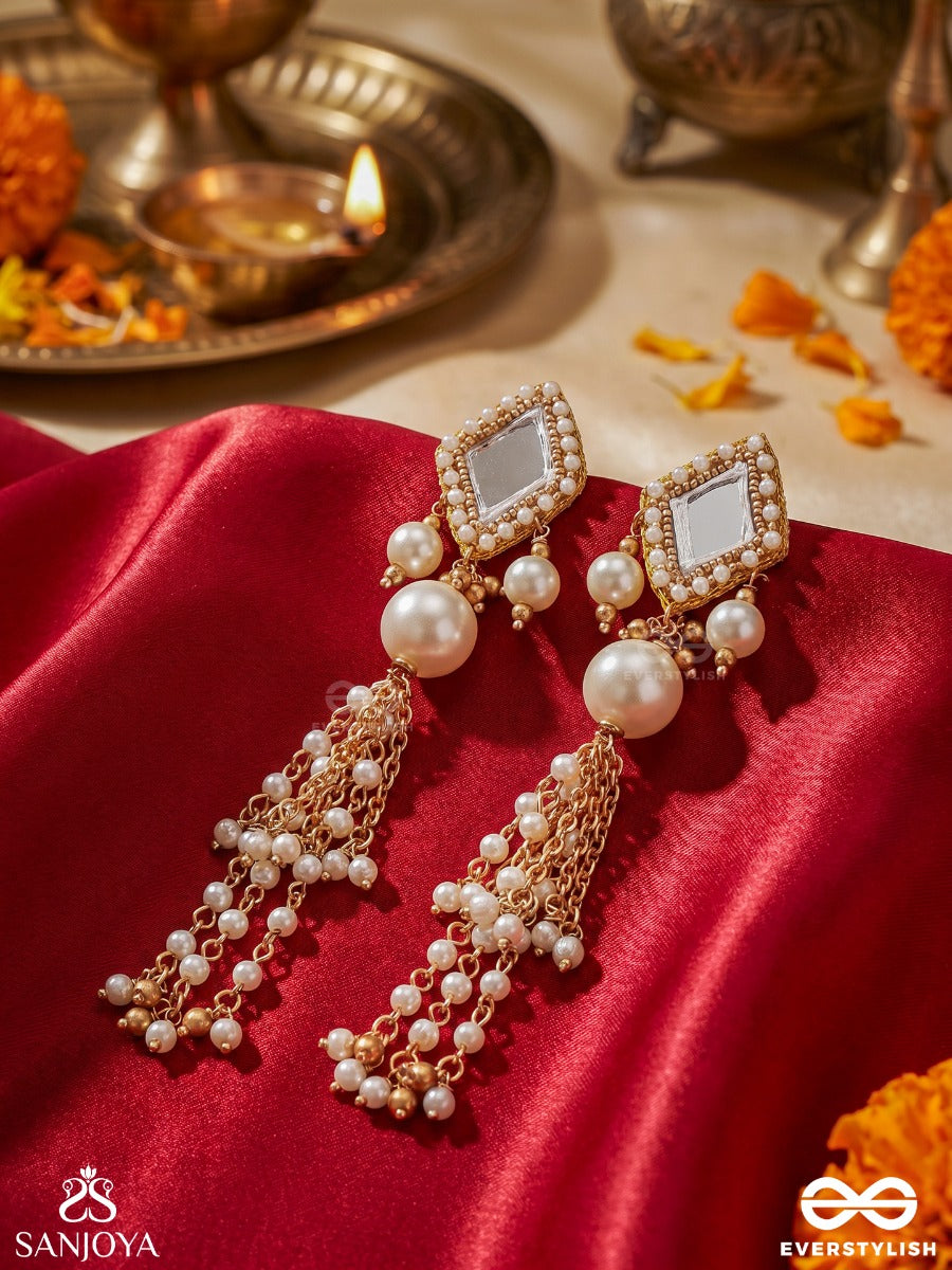 Ksheerangi – Ocean Of Pearls – Statement Earrings With Mirror-Cut Motifs, Lustrous Pearls And Cascading Pearl Tassels
