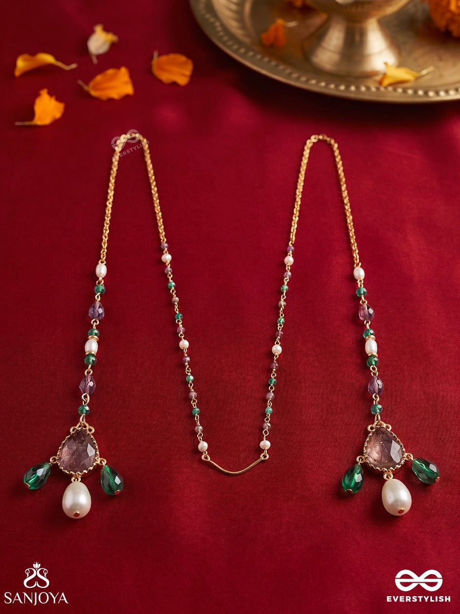 Vanmukhi – Forest-Faced Grace – Elegant Face Let With Green Bead Strands, Floral Side Motifs, Pearl Accents And Delicate Gold-Tone Chains
