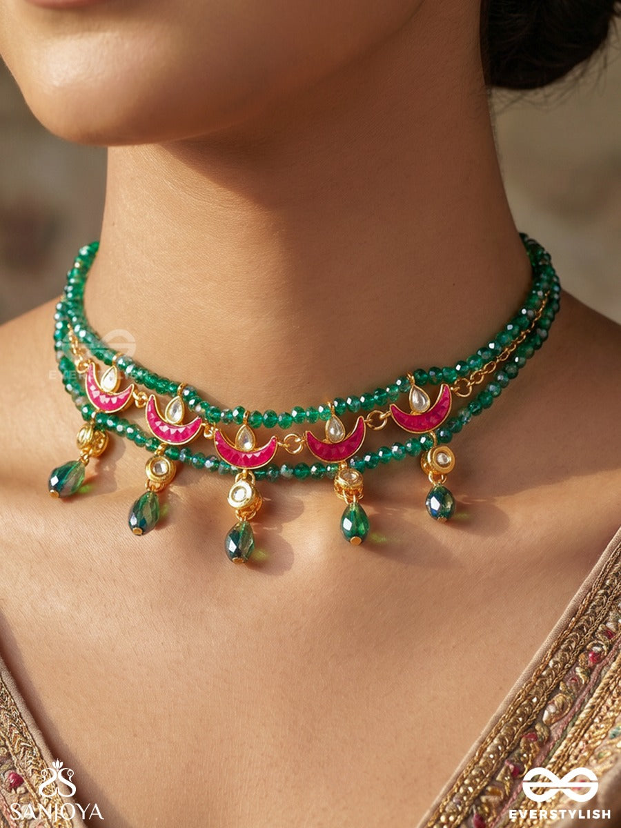 Vainateya – Celestial Majesty – Double-Strand Choker With Emerald Beadwork, Enamel Crescent Motifs And Dangling Green Drops