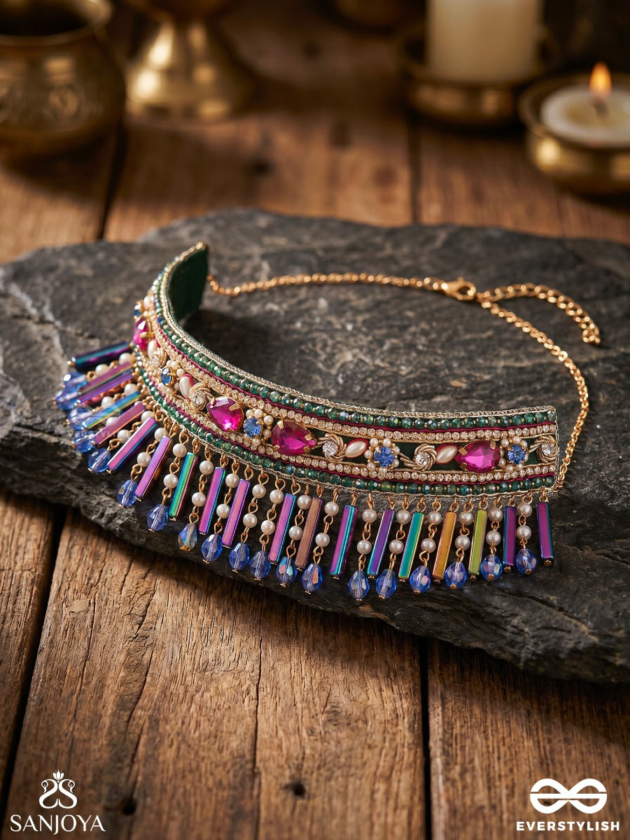 Samragyi – Empress – Heritage Choker With Multi-Colour Meenakari, Kundan Detailing And Dangling Crystal Fringes