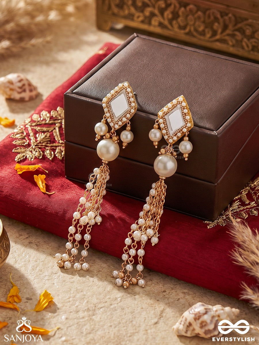Ksheerangi – Ocean Of Pearls – Statement Earrings With Mirror-Cut Motifs, Lustrous Pearls And Cascading Pearl Tassels