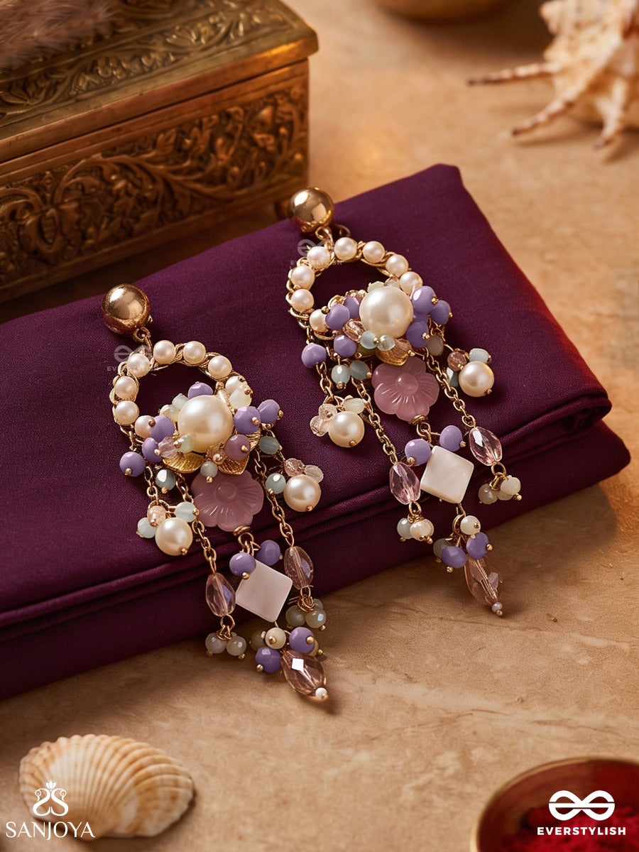 Mriduvani – Soft Melody – Elegant Earrings With Pearl-Edged Hoop Motifs, Blush Pink Floral Centers, Soft Pastel Bead Accents And Delicate Dangling Details
