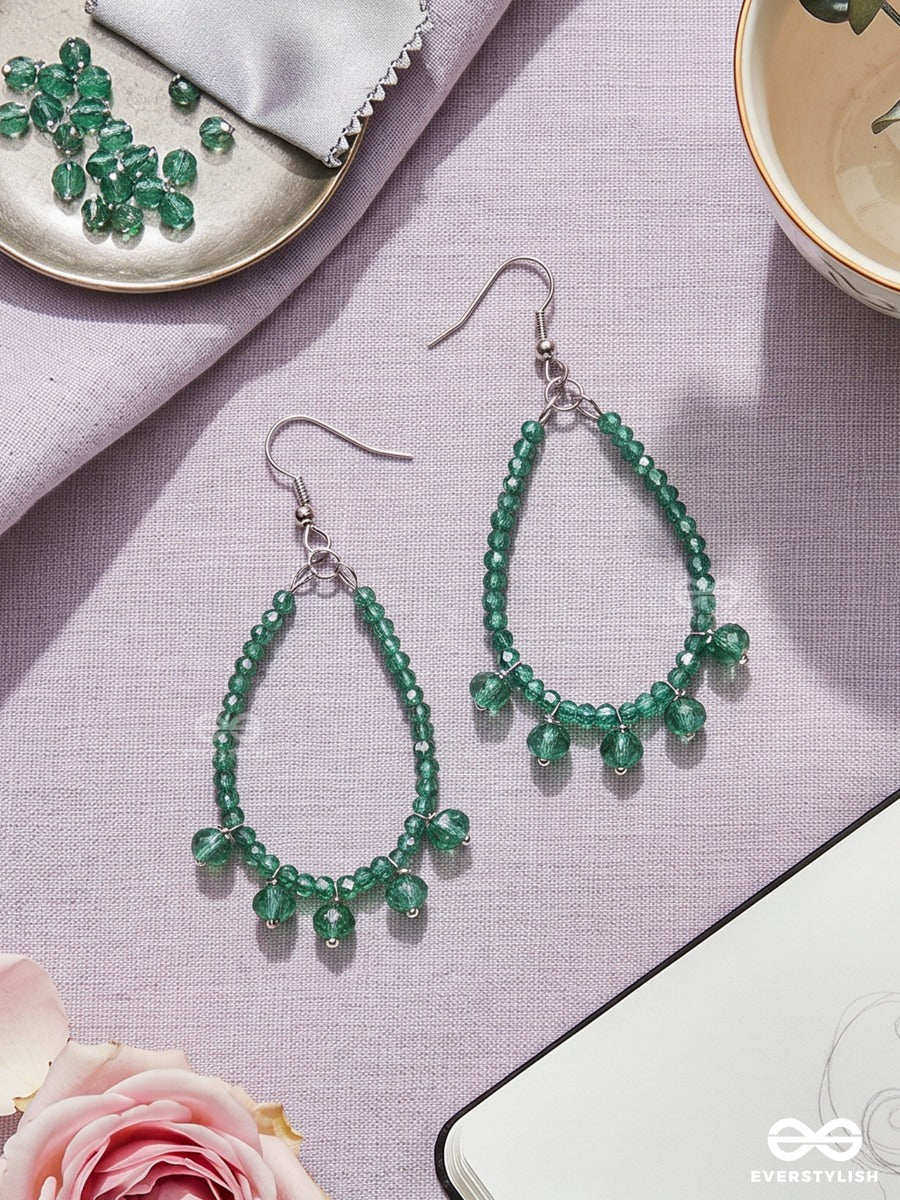 Emerald Dew – Green Faceted Bead Teardrop Earrings With Crystal Fringes