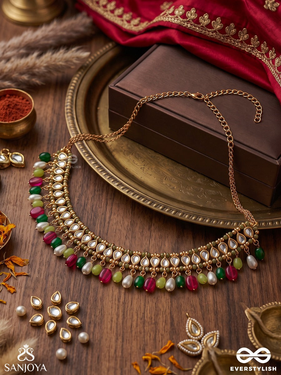 Manikvalli – Jewelled Creeper – Ornate Choker With Gold-Tone Panel Detailing, Pink-Green Bead Danglers And Delicate Hanging Accents