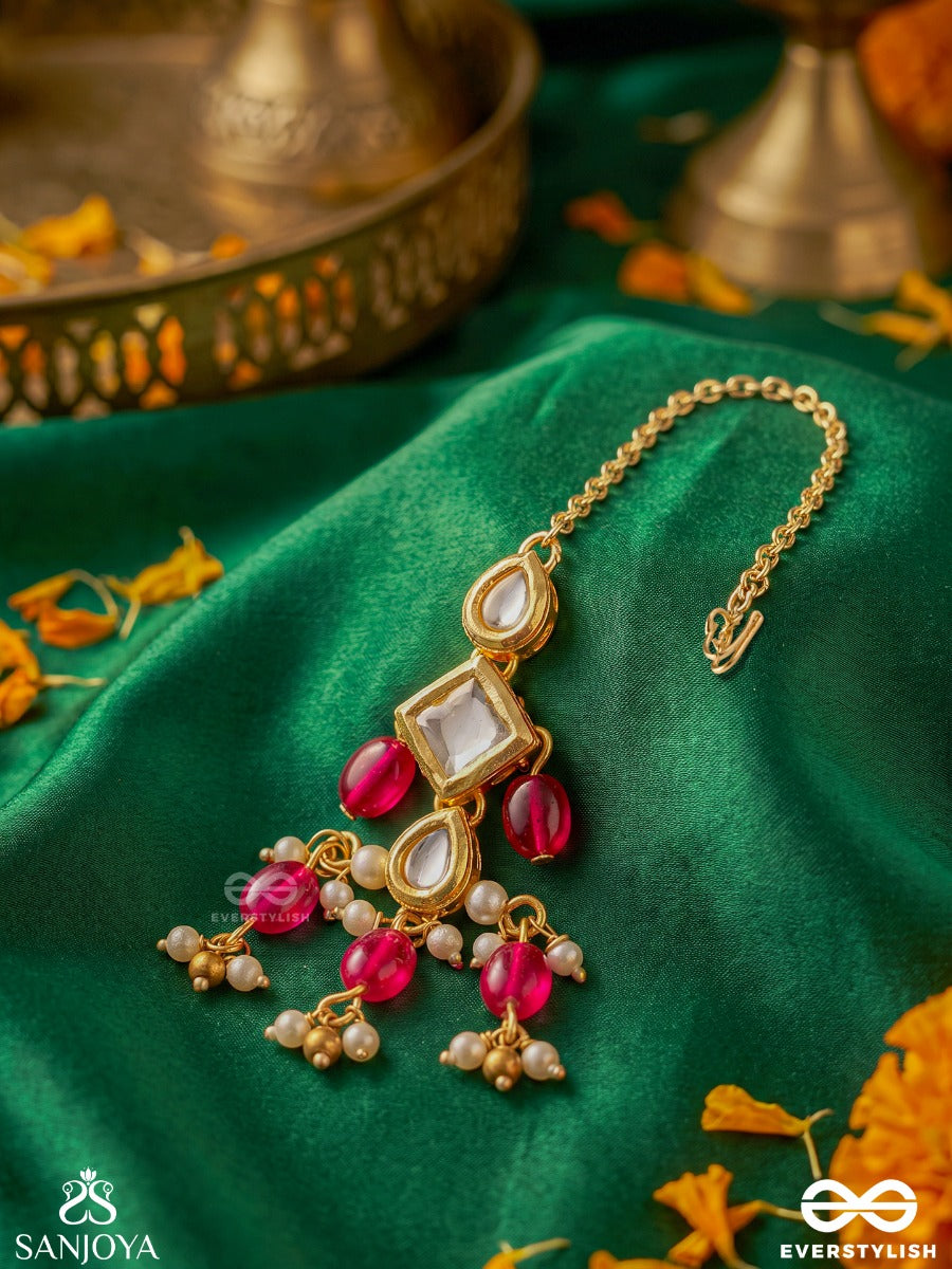 Kritanjali – Offering Of Grace – Heritage Maangtika With Kundan Centre, Ruby Drops, Pearl Clusters And Golden Filigree