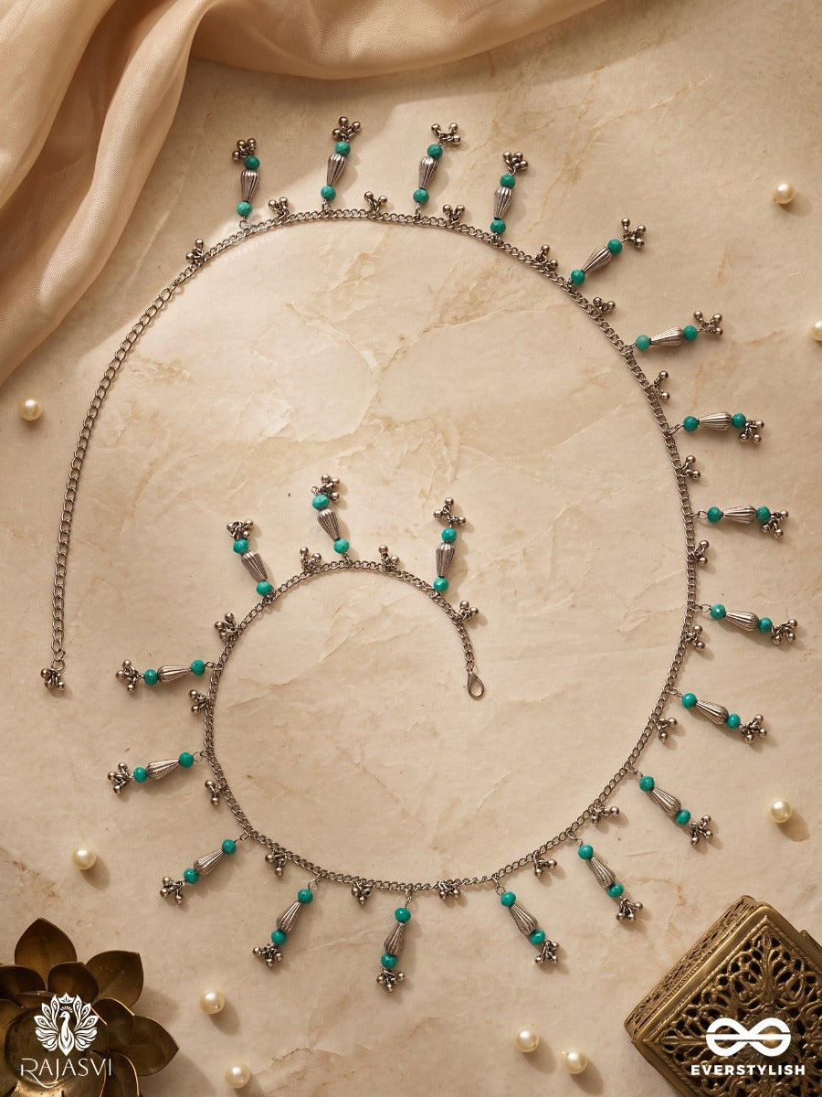 Nirjhari – Oxidised Waist Chain With Turquoise Beads And Floral Drops