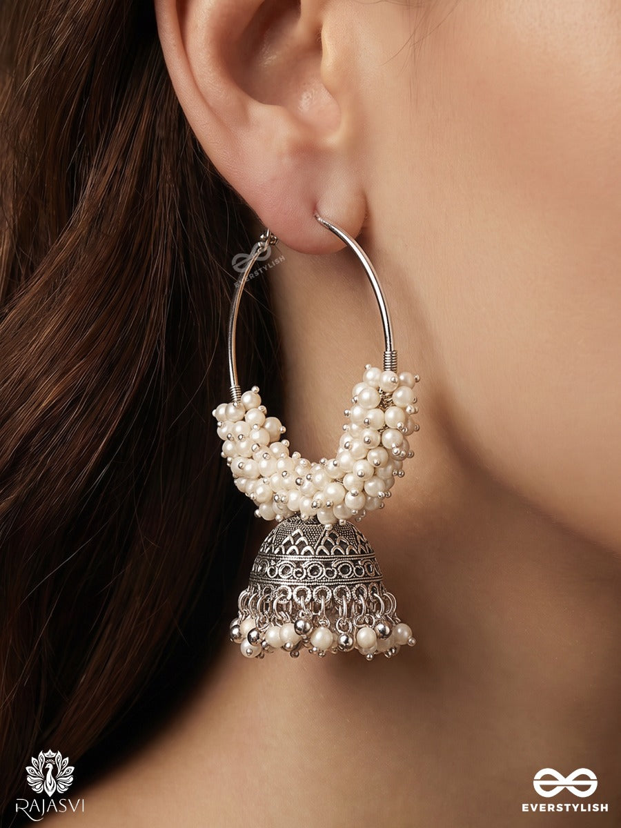 Gaurika – Oxidised Hoop Jhumka Earrings With Clustered Pearl Beadwork