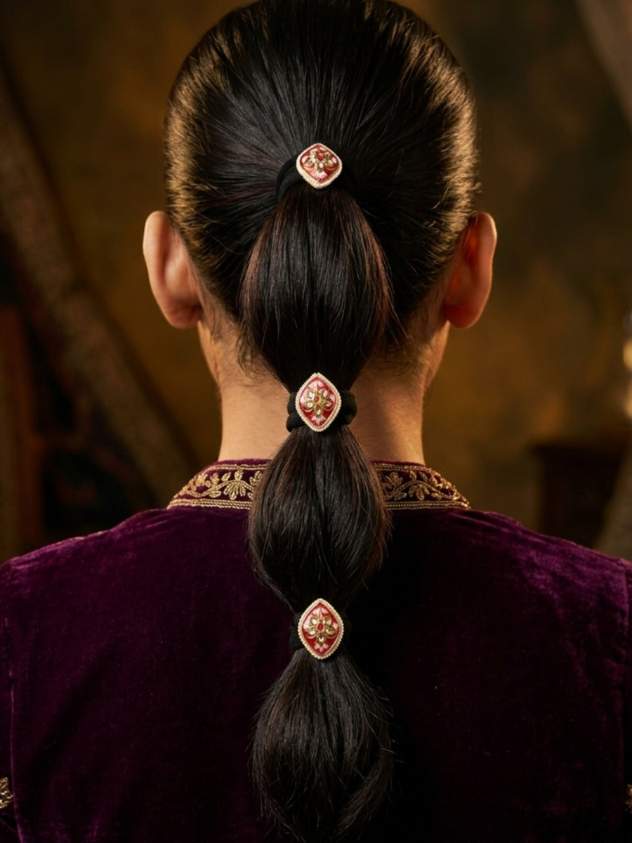 Kesara - Saffron Glow - Pack Of 3 Hair Accessories With Red Meenakari Motifs, Kundan-Style Stones, Pearl Edging And Golden Details