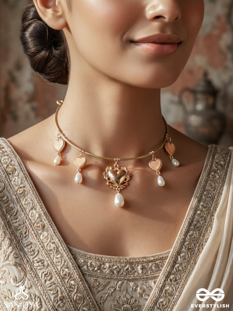 Shyamangi – Grace Of Dusk – Heritage Hasli Necklace With Heart Motifs, Pearl Drops And Floral Kundan Pendant