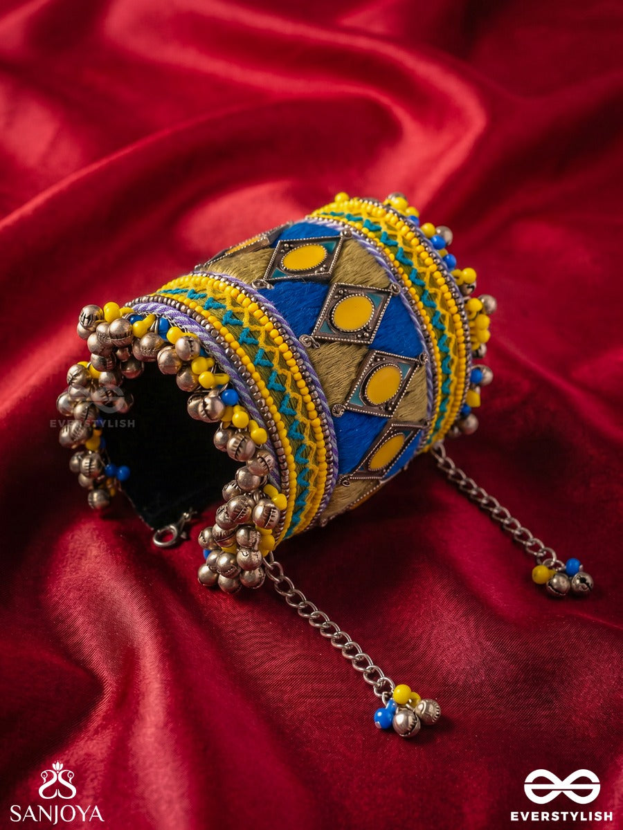 Jhanaki – Musical Chime – Handcrafted Bangle With Blue-Yellow Thread Embroidery, Mirror Work And Oxidised Ghungroo Accents