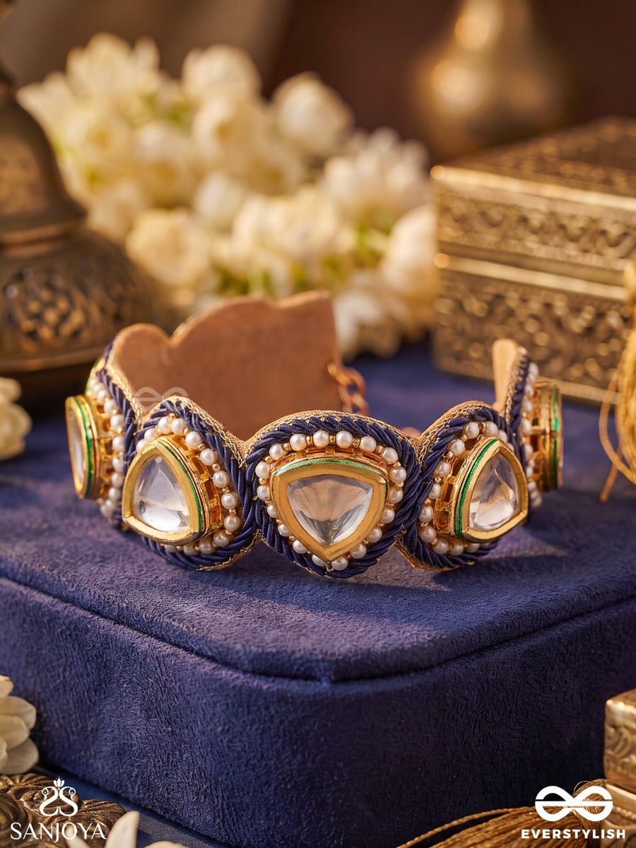 Mayoori – Peahen Grace – Heritage Bangle (Single) With Navy Threadwork, Mirror Kundan Motifs, Pearl Borders And Emerald Accents