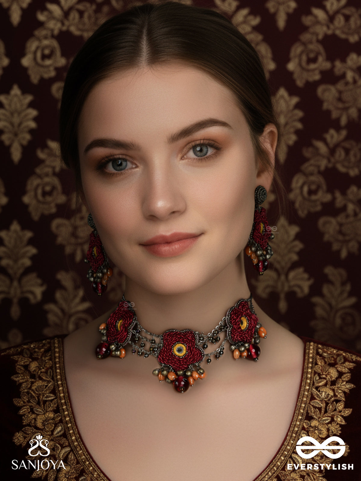 Sumanas - The Burgundy Flowers - Mirror, Resham, Dabka And Glass Drops Hand Embroidered Set With Oxidised Choker Neckpiece & Earrings