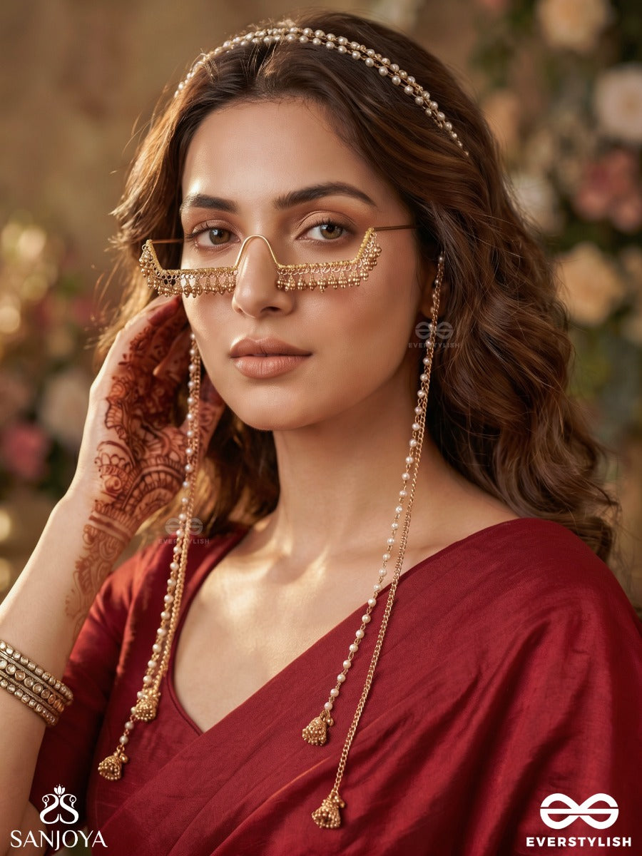 Sancharika – Graceful Wanderer – Elegant Face Let With Pearl Clusters, Layered Chains And Floral Accents
