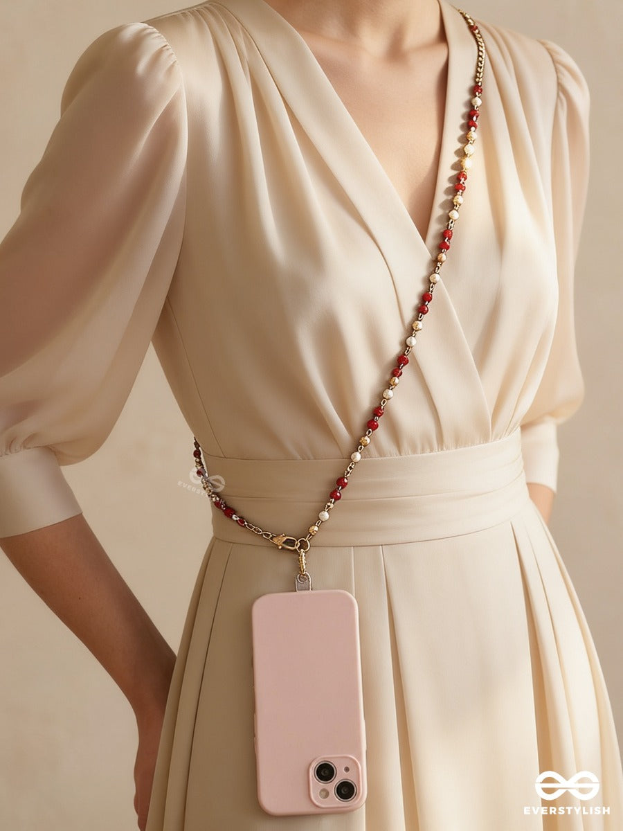 Regal Twine – Gold Chain Phone Sling With Red Crystal Beads And Pearl Accents