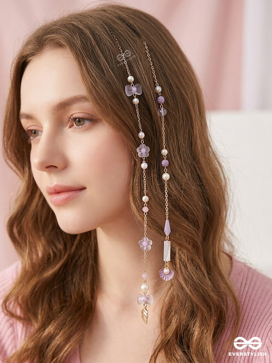 Lagoon Lily – Gold Chain Hair Clip With Pearls, Lavender Flowers And Shell Charms