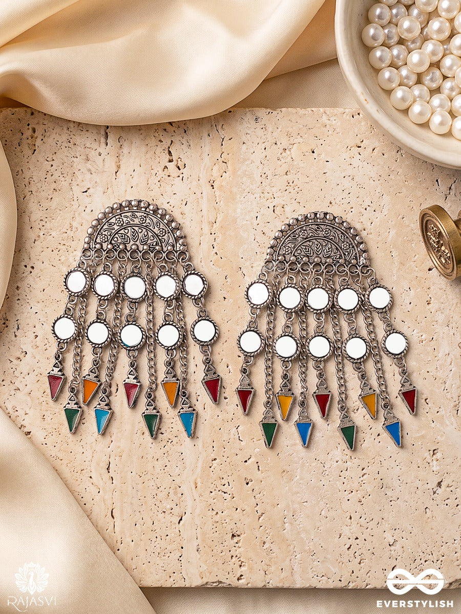 Rangmandal – Oxidised Earrings With Multicolour Enamel Charms And Mirror Details