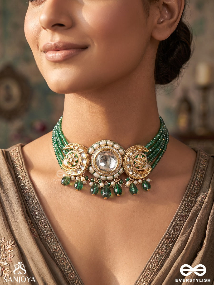 Harinika – Emerald Grace – Heritage Choker With Multi-Strand Green Beadwork, Mirror Kundan Floral Motif And Pearl Accents