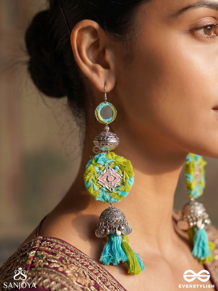 Mayukhini – Radiant Rays – Heritage Earrings With Multicolour Meenakari Florals, Peacock Motifs And Oxidised Danglers