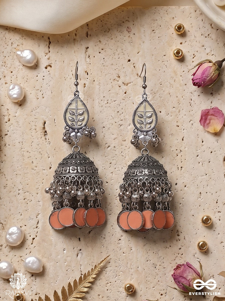 Mohinilekha – Oxidised Jhumka Earrings With Ivory Enamel Motifs, Peach Disc Fringe And Ghungroo Details