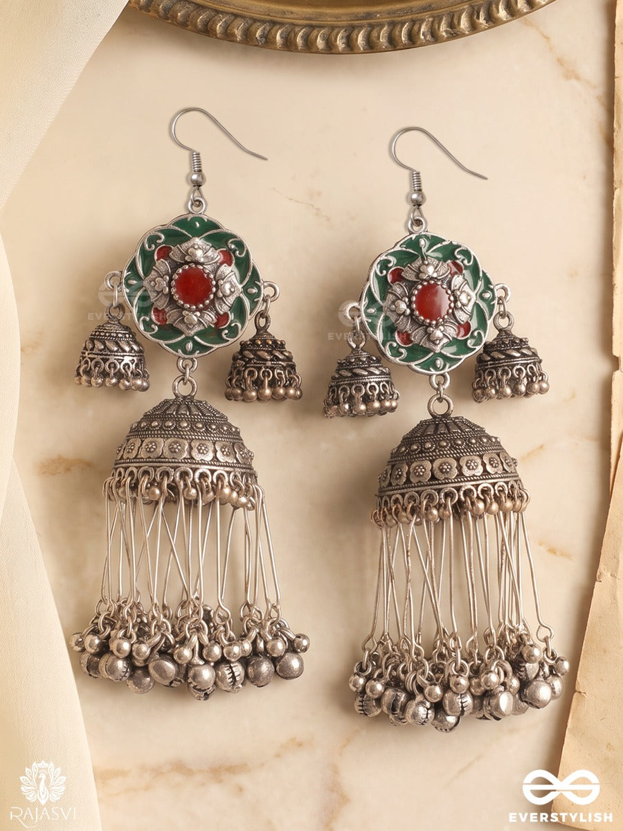 Mehfiza – Oxidised Earrings With Red-Green Enamel, Jhumki Motifs And Ghungroo Tassels