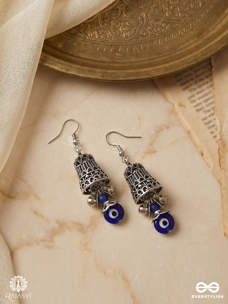 Surakshini – Mini Oxidised Jhumka Earrings With Blue Nazar Beads And Crystal Drops