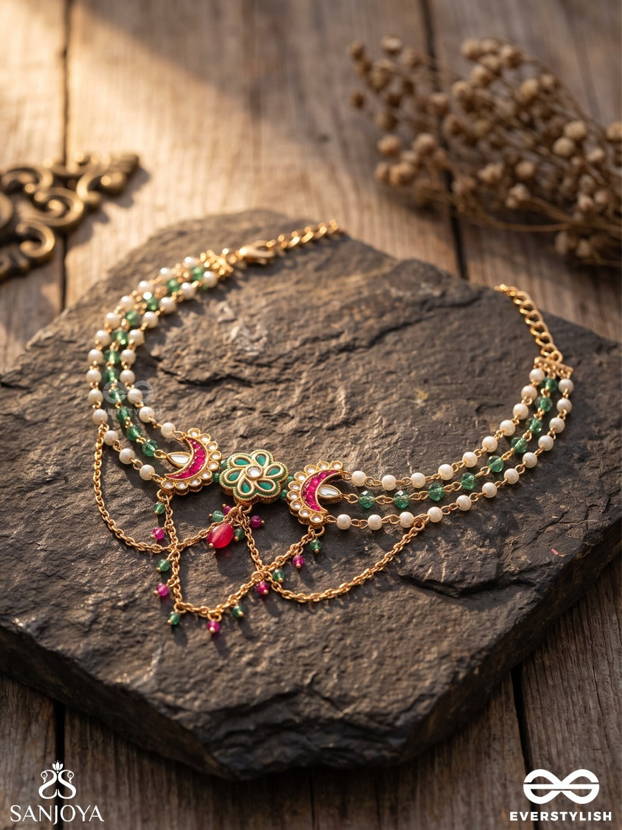Manimala – Garland Of Gems – Heritage Armlet (Single) With Pearl Strands, Floral Centre Motif, Pink Meenakari Crescents And Emerald Beadwork