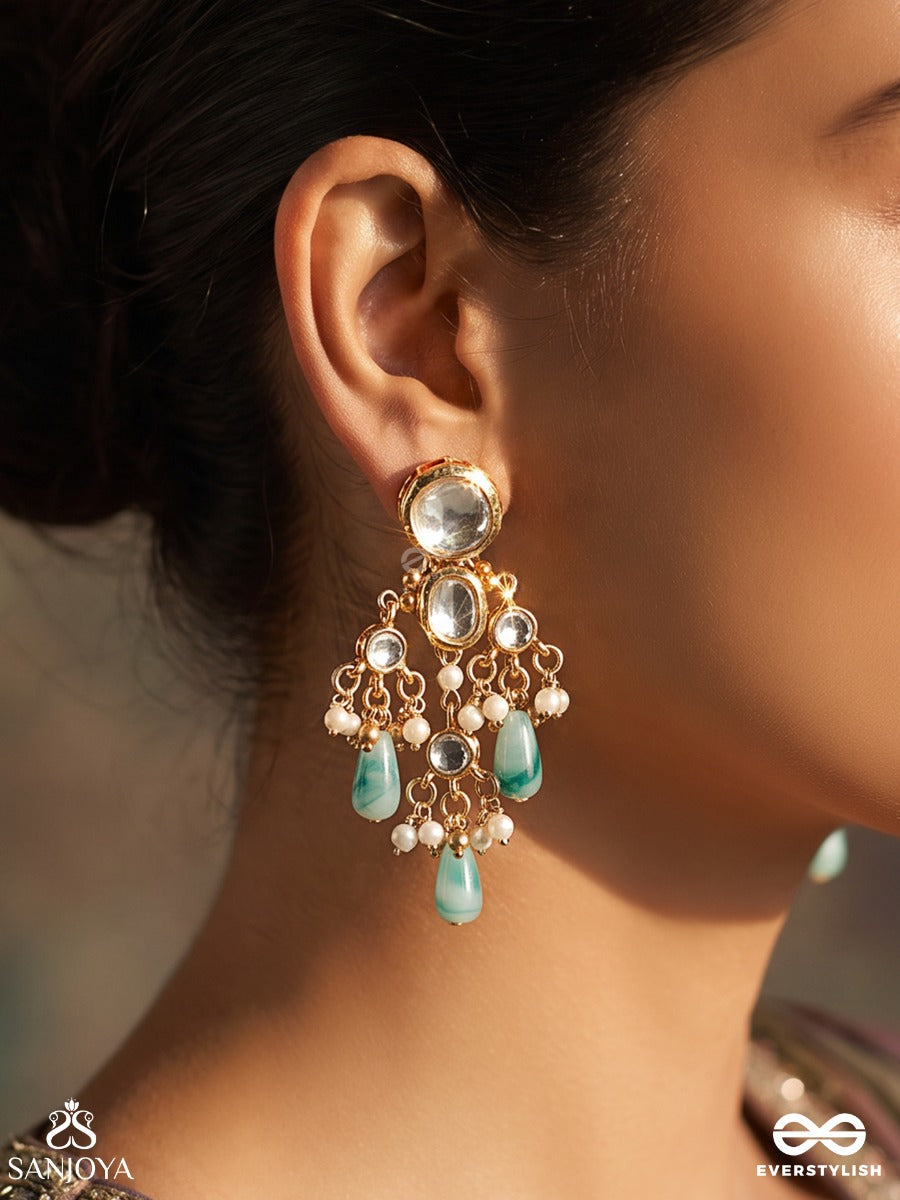 Ratnavali – String Of Gems – Heritage Earrings With Oval Kundan Settings, Pearl Clusters, Aqua Teardrop Danglers And Delicate Golden Filigree