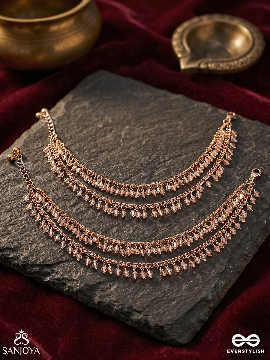 Kaumudi – Moonlight – Delicate Pajeb (Anklets) Set Of 2 With Layered Golden Chains, Shimmering Crystal Beads And Dainty Fringe Accents