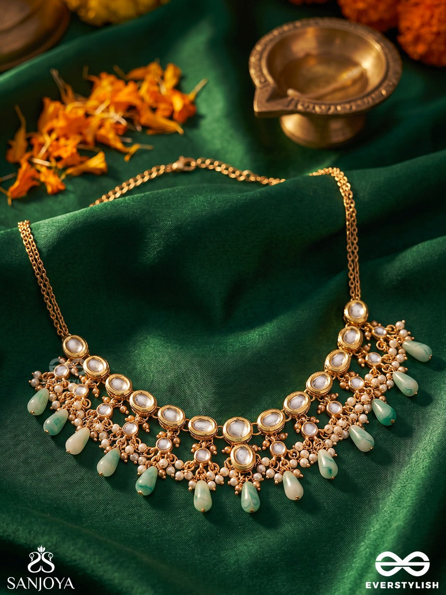 Ratnavali – String Of Gems – Heritage Choker With Kundan-Style Settings, Lustrous Pearl Clusters, Aqua Teardrop Accents And Delicate Golden Chain Detailing