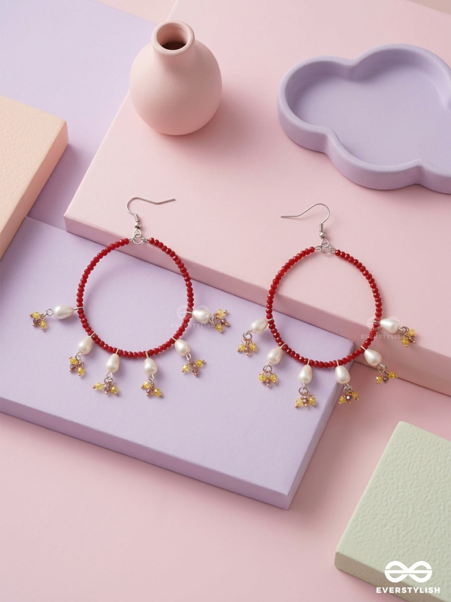 Scarlet Daisy – Red Beaded Hoop Earrings With Pearl And Floral Charms