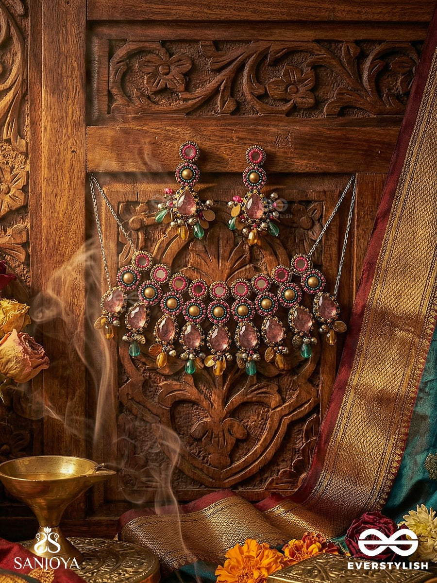 Vashikrit - The Hypnotic Tiers - Mirror, Stones, Coins And Glass Drops Hand Embroidered Set With Oxidised Choker Neckpiece & Earrings