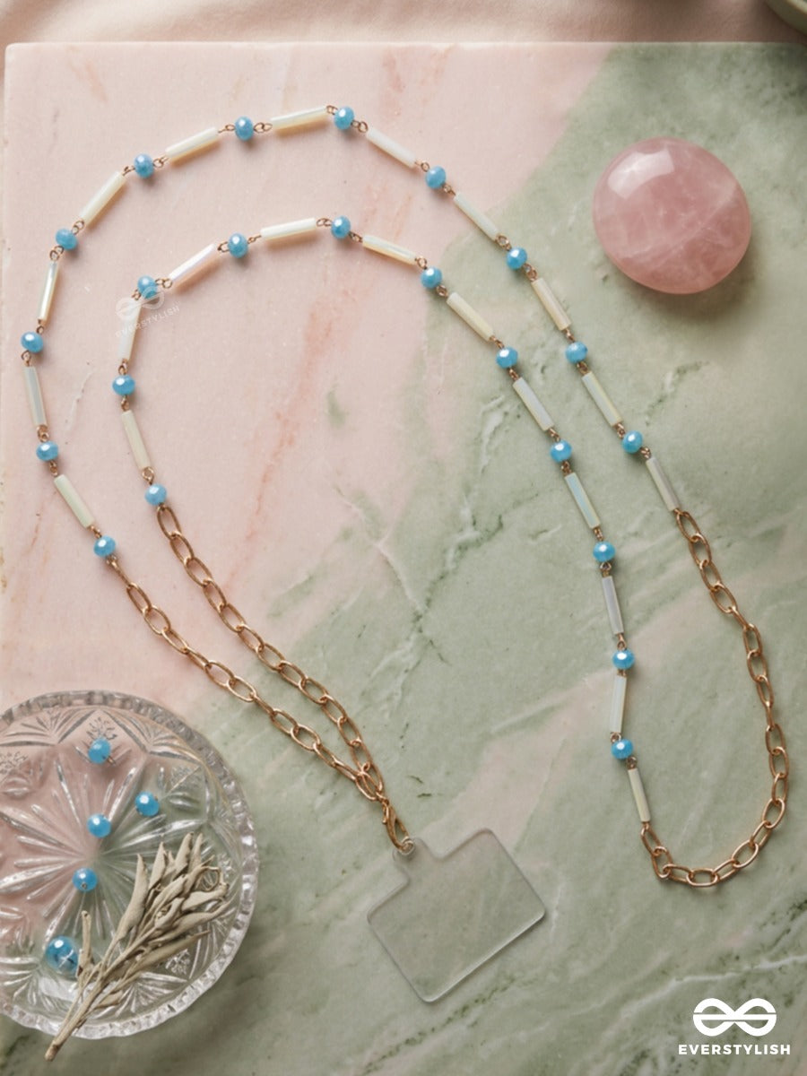 Blue Ping – Blue & White Beaded Phone Sling With Gold-Tone Chain