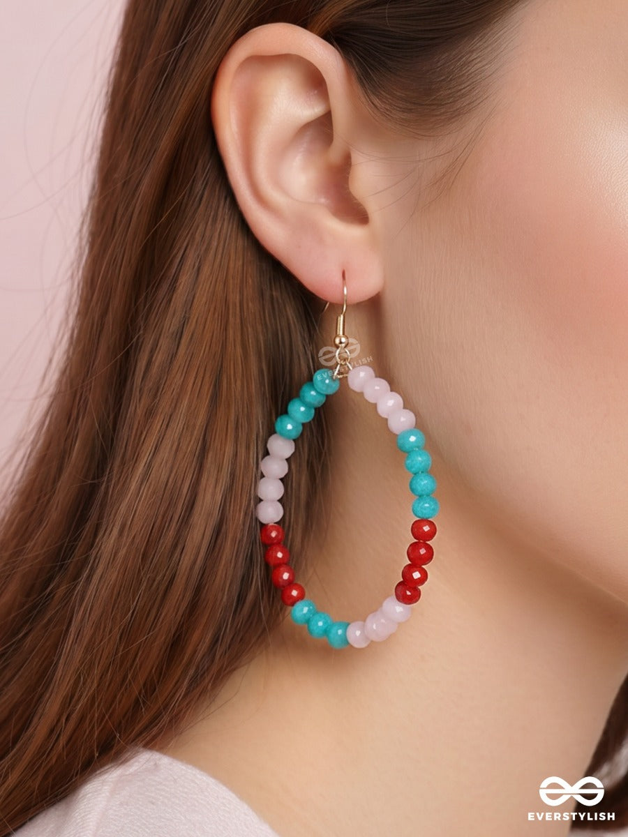Cotton Candy – Turquoise, Blush And Ruby Beaded Oval Hoop Earrings