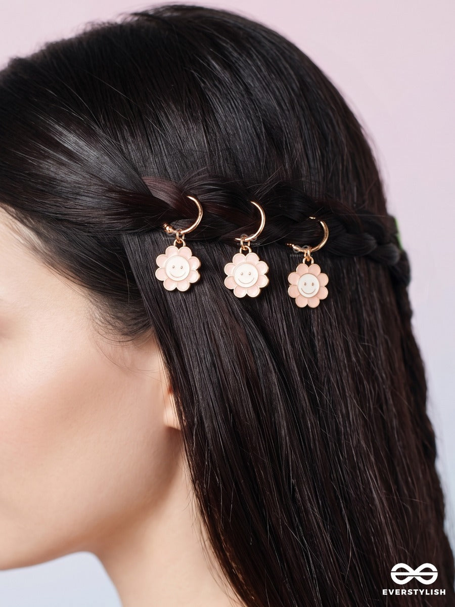 Sunshine Smiles – Smiley Flower Hair Accessory Set Of 3 With Blush Enamel Charms