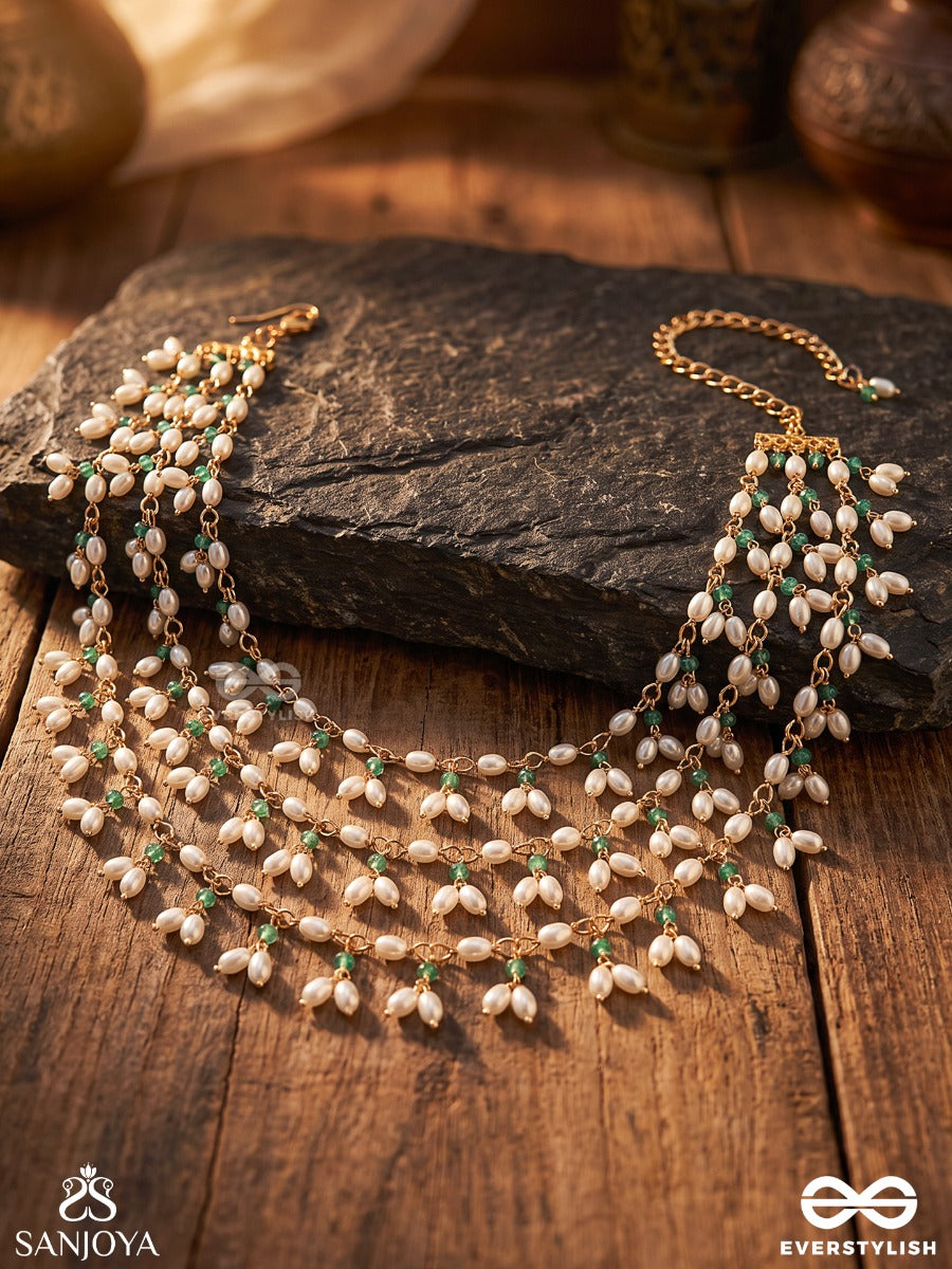 Nooran – Filled With Light – Ornate Multi-Purpose 3-In-1 Layered Chain With Cascading Pearl Clusters, Aqua Beads And Delicate Golden Links