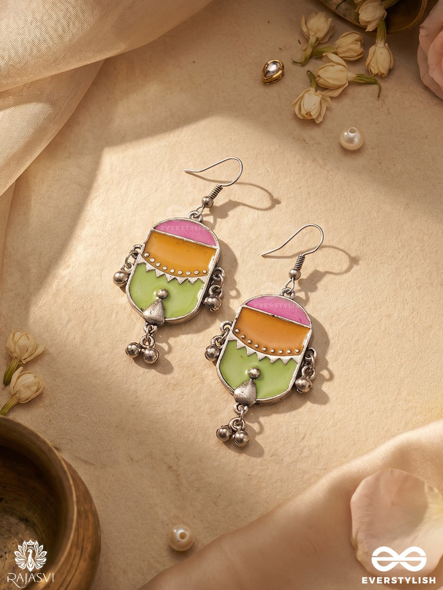 Veerangana – Oxidised Enamel Tribal Earrings With Multicolour Shield Motif And Ghungroo Details