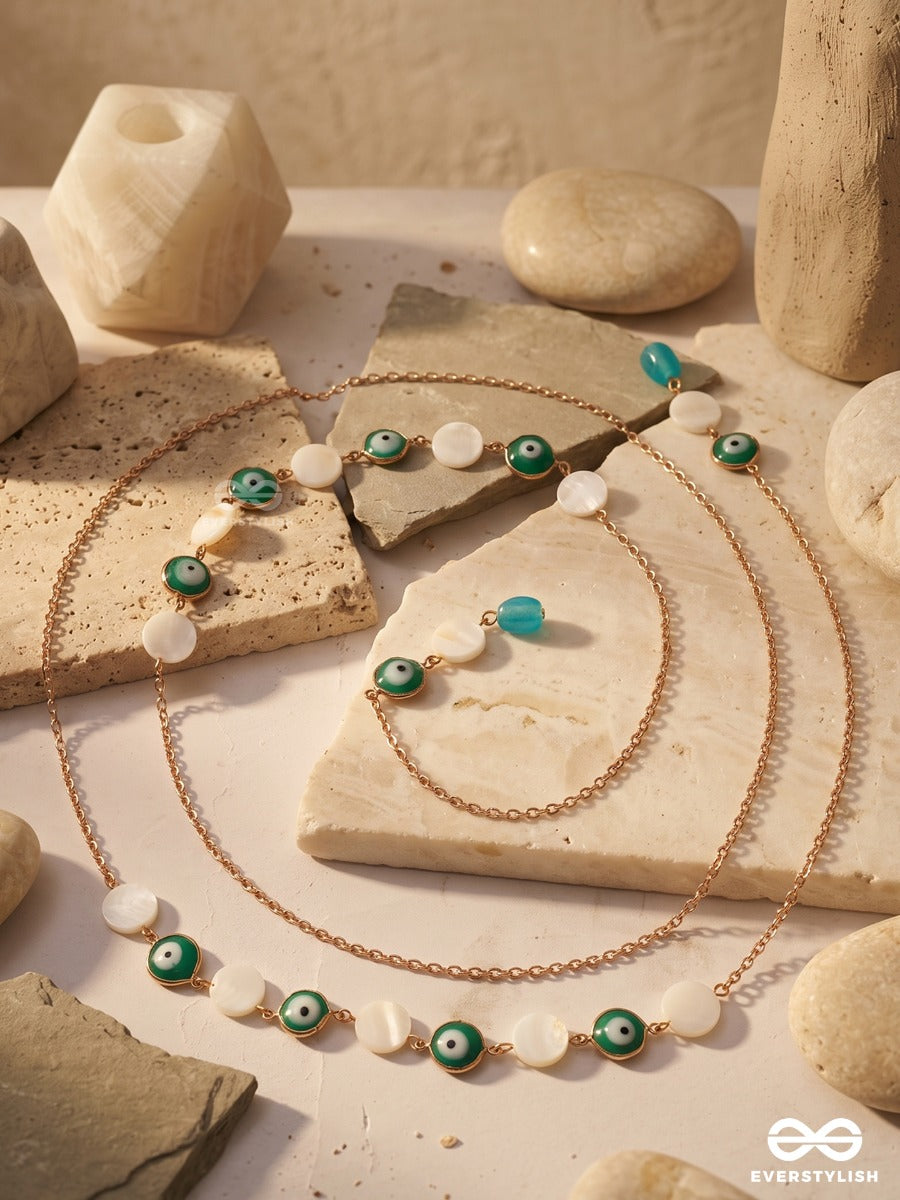 Nazaria – Multiway Evil Eye Chain With Mother-Of-Pearl Beads And Turquoise Accents That Can Be Styled As Necklace; Scarf-Style Necklace; Waist Chain; Knot Necklace