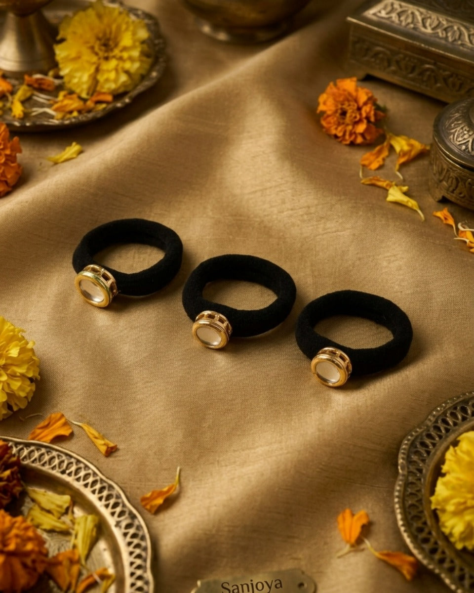 Mishika - Sweet Grace - Pack Of 3 Black Hair Accessories With Round Golden Centrepiece And Clear Crystal Detail