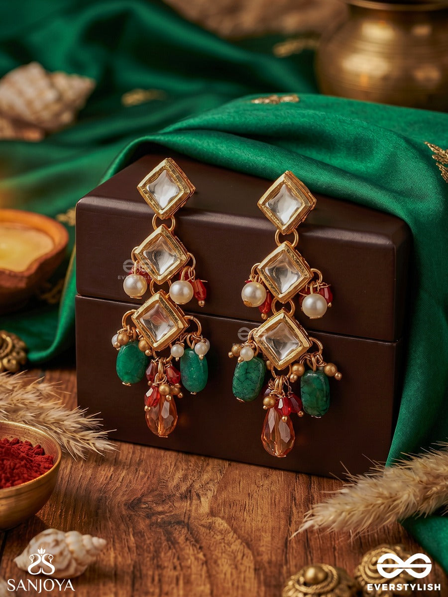 Suranjana – One Who Brings Delight – Heritage Earrings With Geometric Kundan Settings, Emerald Drops And Peach Crystal Accents