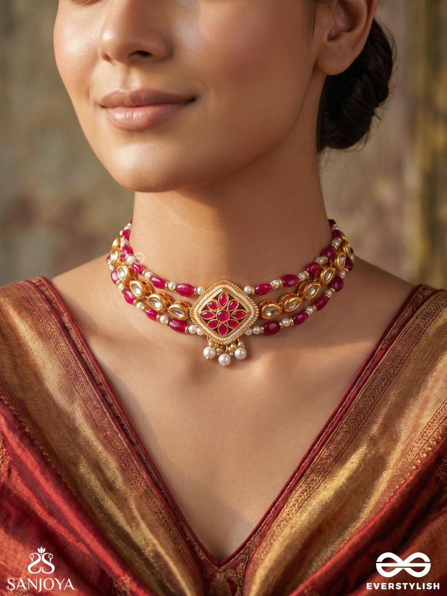 Kaushiki – Goddess Durga – Elegant Choker With Twin Red Bead Rows, Kundan Flower And Delicate Golden Details