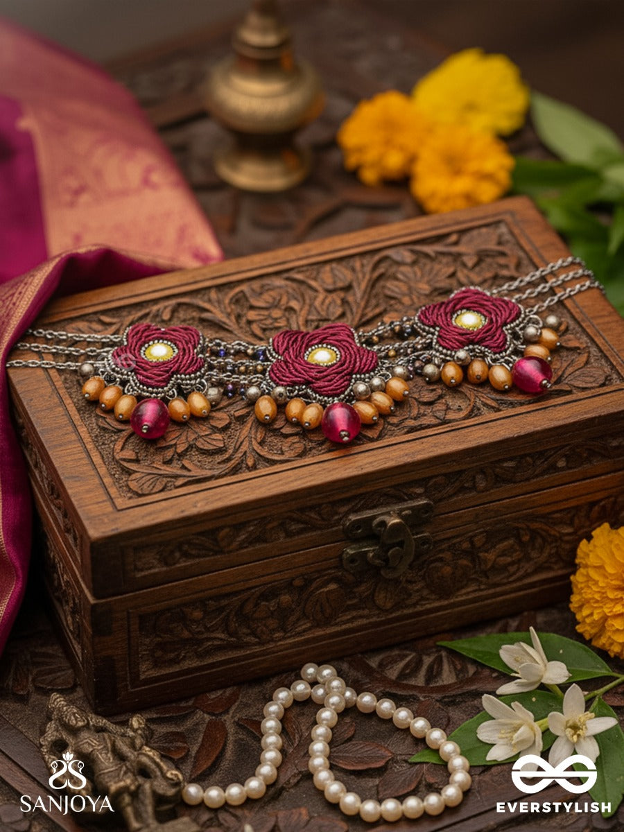 Sumanas - The Burgundy Flowers - Mirror, Resham, Dabka And Glass Drops Hand Embroidered Oxidised Choker Neckpiece