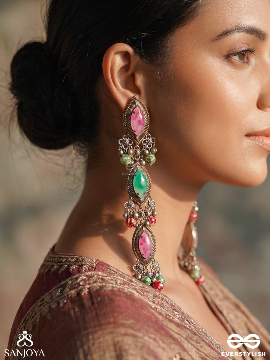 Jashodhara – Holder Of Glory – Heritage Earrings With Pink And Green Marquise Stones, Oxidised Ghungroos And Multicolour Bead Drops