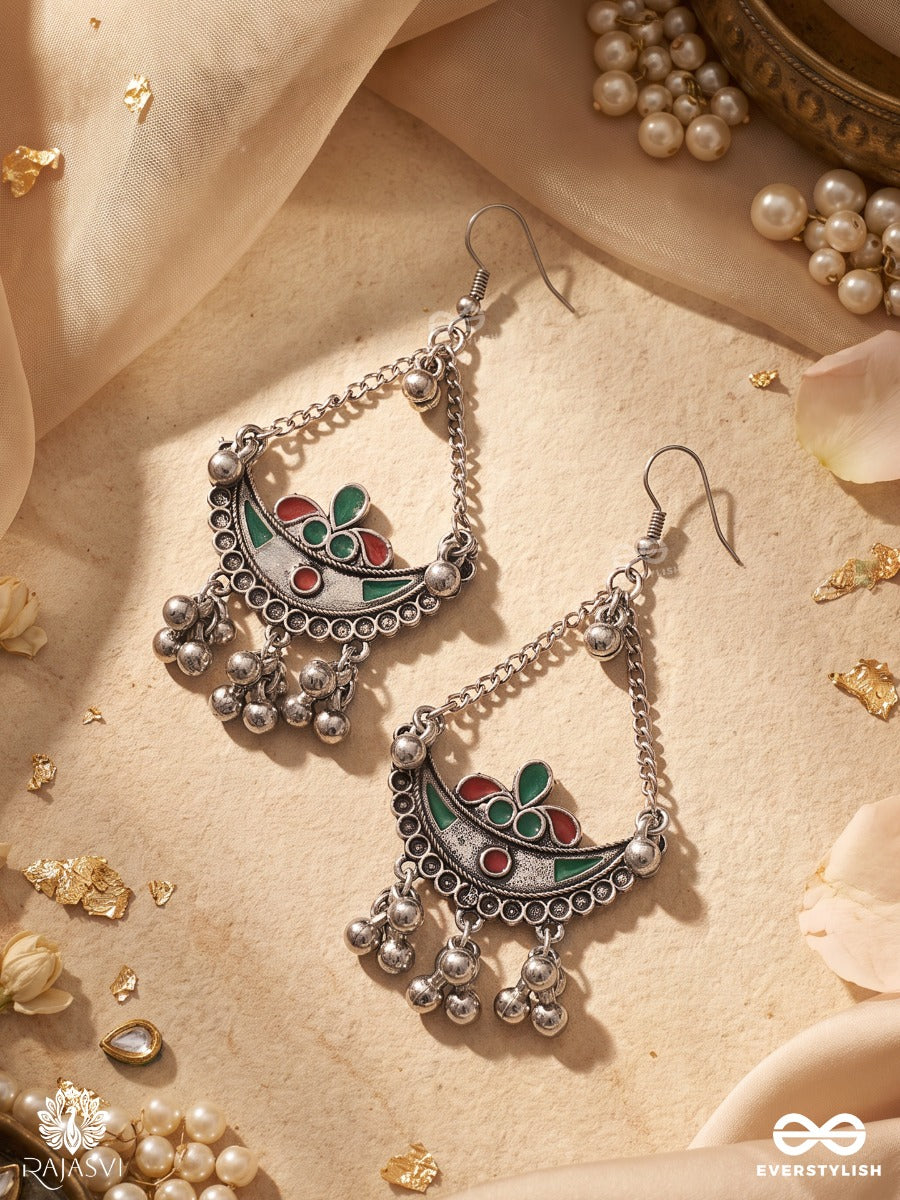Vrindaja – Oxidised Earrings With Red-Green Floral Accents, Crescent Motifs And Ghungroo Drops