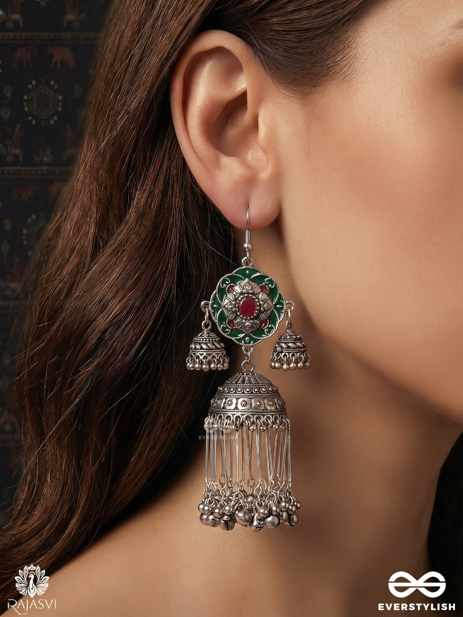 Mehfiza – Oxidised Earrings With Red-Green Enamel, Jhumki Motifs And Ghungroo Tassels