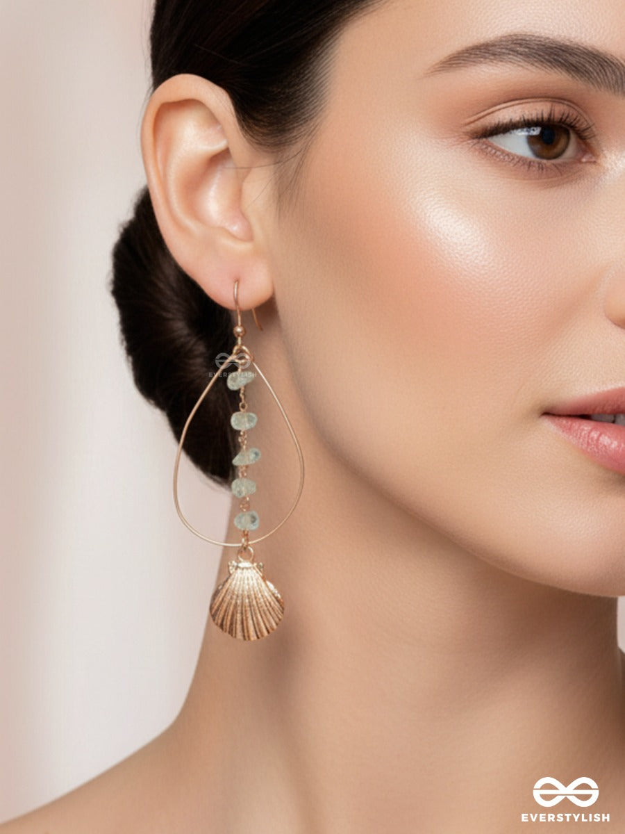 Ocean Crest – Shell Charm Earrings With Gold Teardrop Earrings And Faceted Aqua Stones