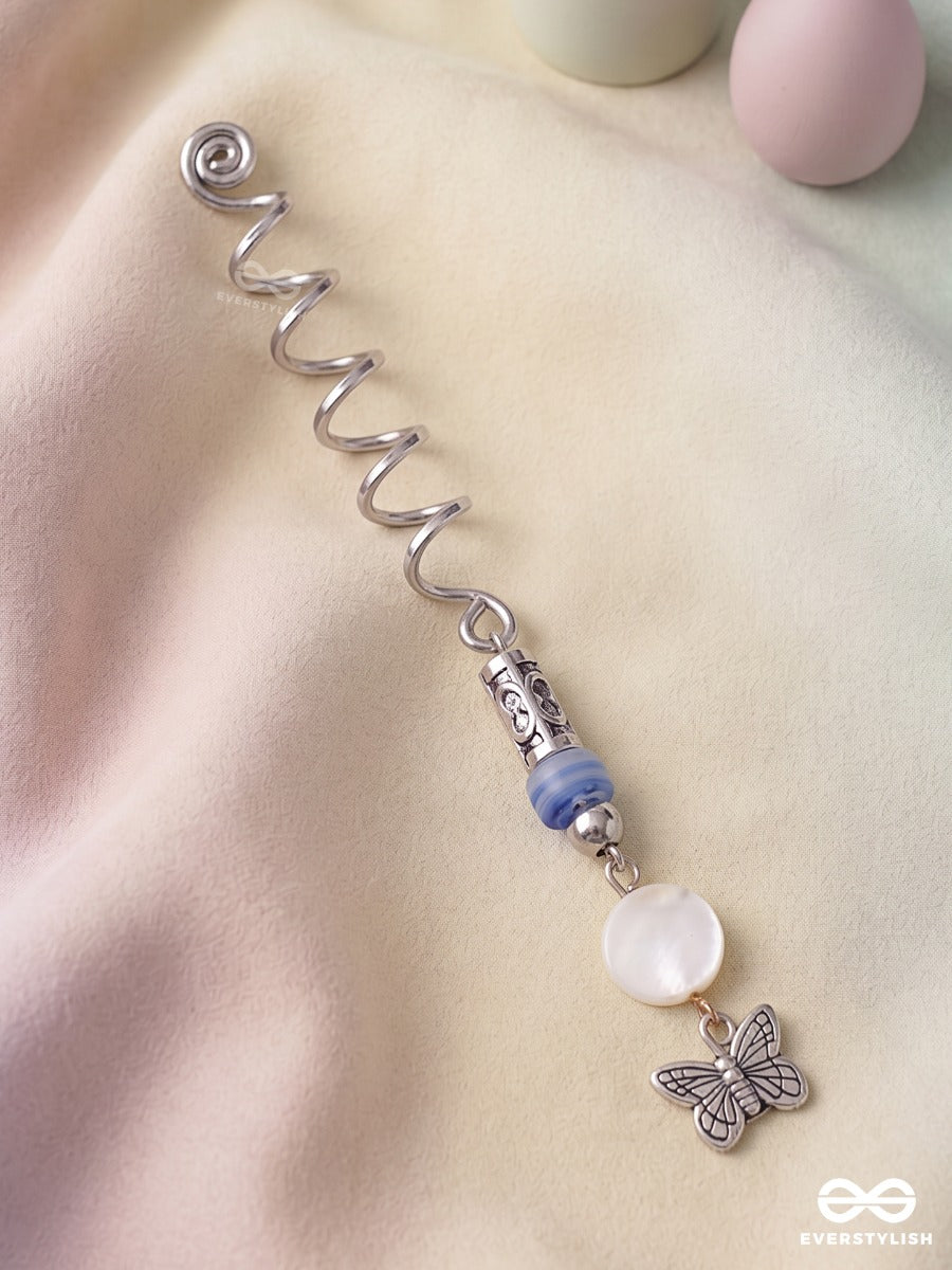 Bluebell Wing – Silver Spiral Braidlet With Blue Beads And Butterfly Charm