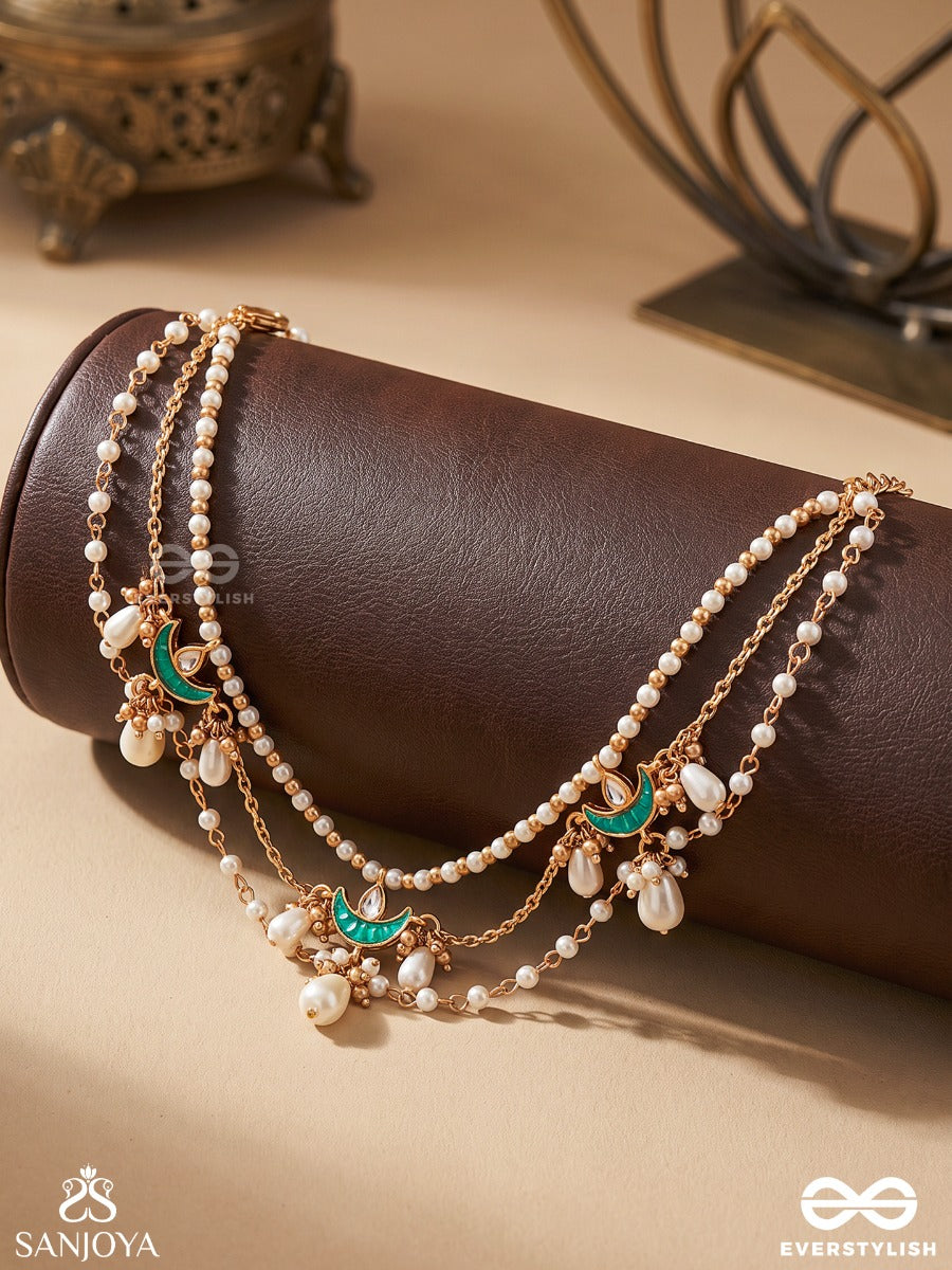 Chandrima – Moonlight – Heritage Armlet (Single) With Triple Pearl Strands, Turquoise Crescent Motifs, Floral Pearl Clusters And Delicate Danglers