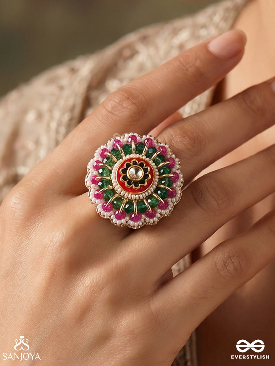 Taarkamal – Celestial Lotus – Floral Statement Ring With Pearl Borders, Multi-Colour Beadwork And Kundan Centre