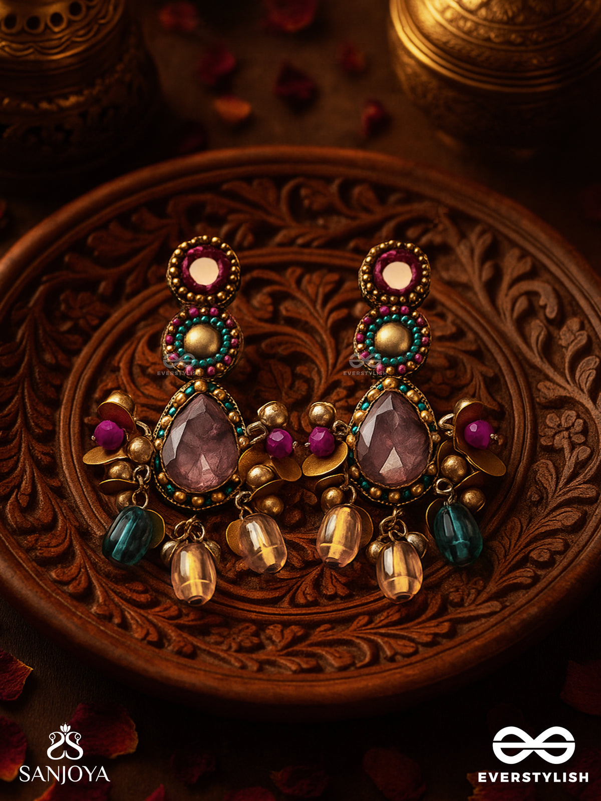 Vashikrit - The Hypnotic Tiers - Mirror, Stones, Coins And Glass Drops Hand Embroidered Oxidised Earrings